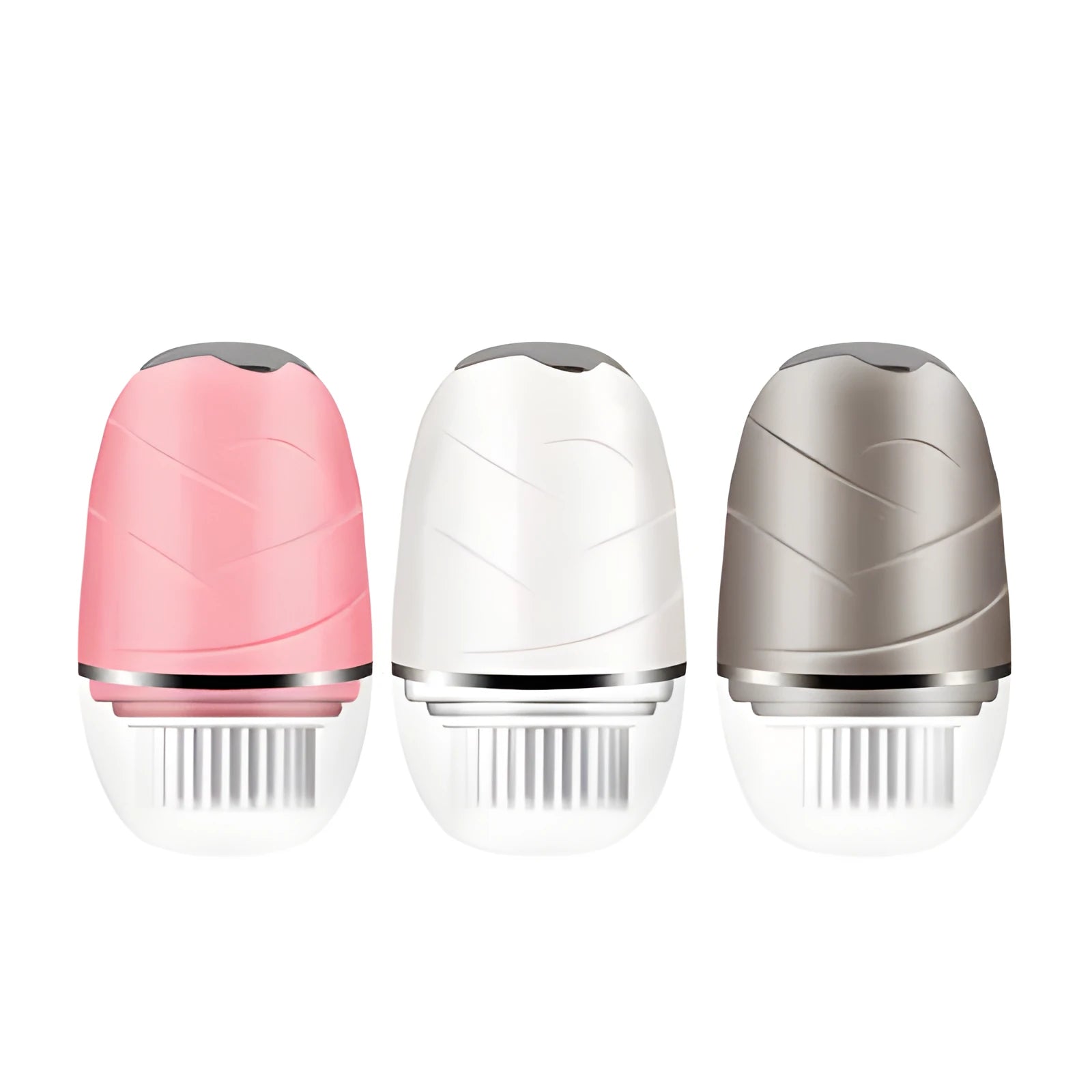 3 in 1 electric facial cleanser with three brush heads and dual speed settings in golden, pink, and white colours