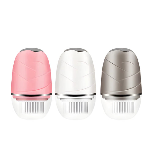 3 in 1 electric facial cleanser with three brush heads and dual speed settings in golden, pink, and white colours