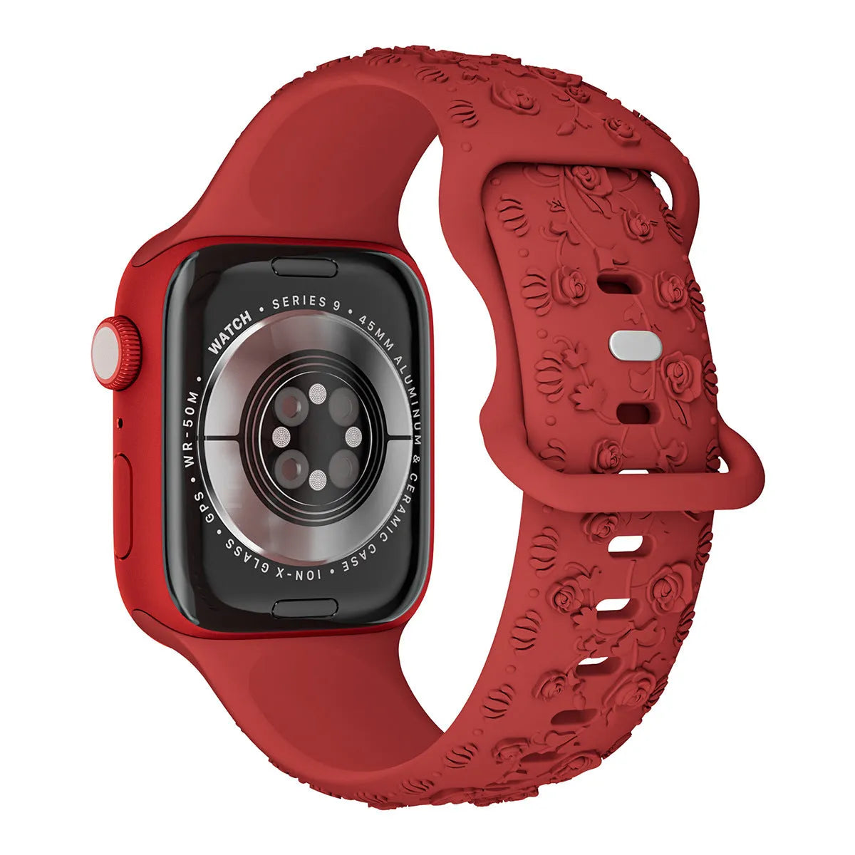 Embossed rose silicone watch strap for Apple Watch 38/40/41mm and 42/44/45mm in multiple colours