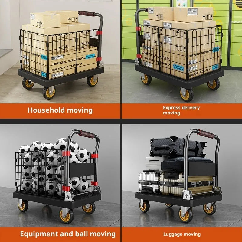 Black folding platform truck with fence, 72x48 cm, 500 kg capacity, mute bearing, engineering plastic construction