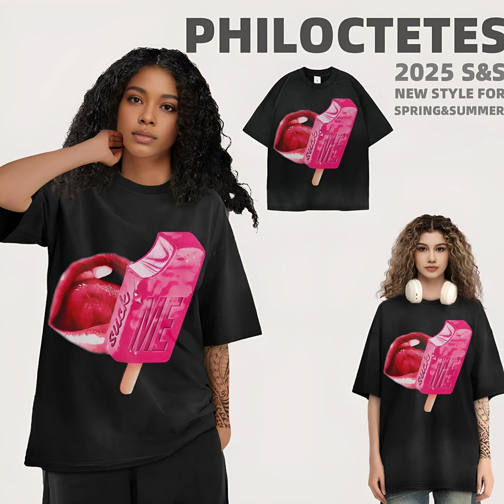 A loose-fit short-sleeved T-shirt with a cartoon print, shown in a heavy washed cotton fabric.