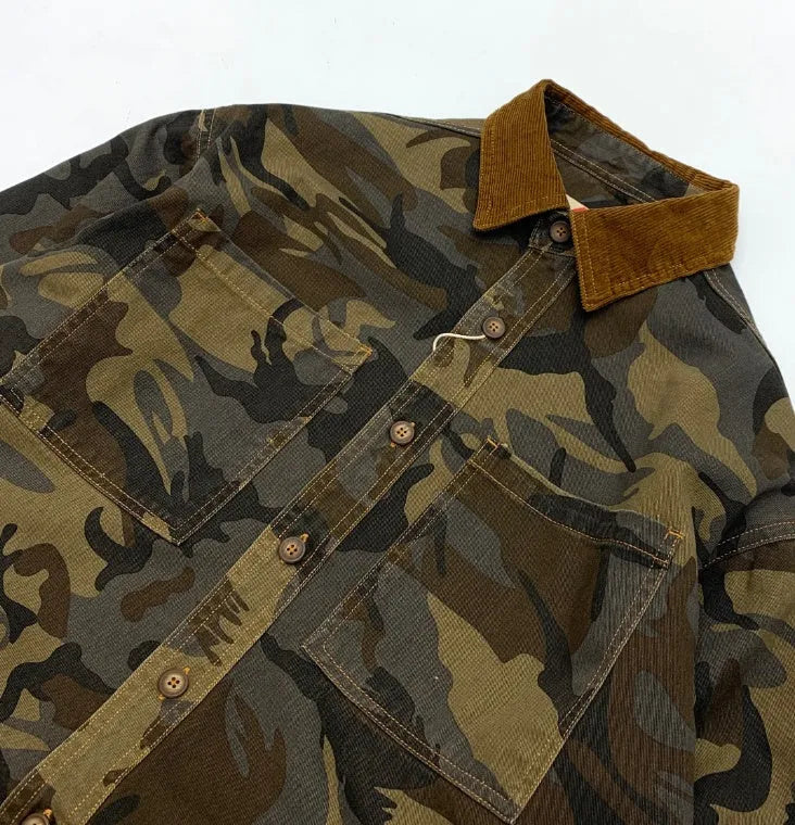 Men's retro camouflage shirt with corduroy lapel stitching and drop-shoulder sleeves in Army Green