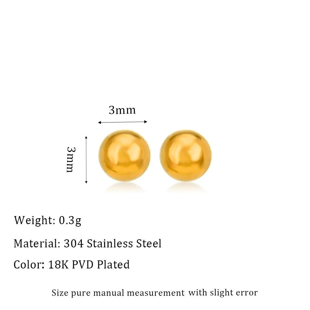 Stainless steel ball stud earrings in gold and silver finishes, showing 3mm to 6mm size comparison