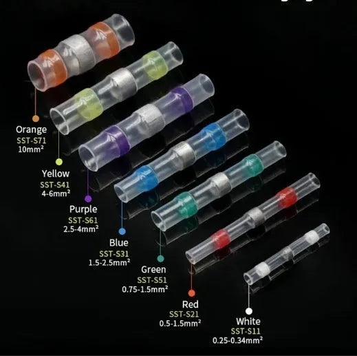 Heat shrinkable terminal block in seven colours for waterproof 32 amp electrical connections