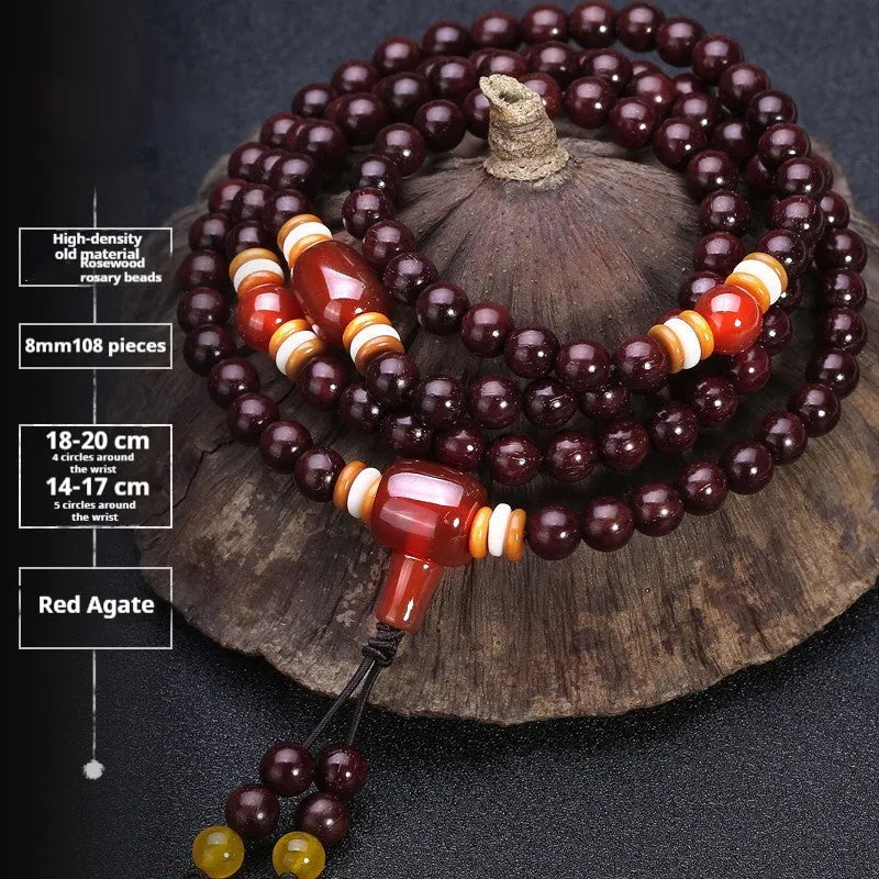 Men's rosewood bead bracelet with 108 beads, shown in a choice of lapis lazuli, turquoise, or red agate styles.