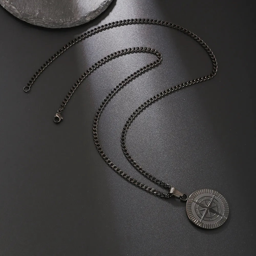 Titanium steel compass pendant necklace in gold, silver and black colours with regular chain
