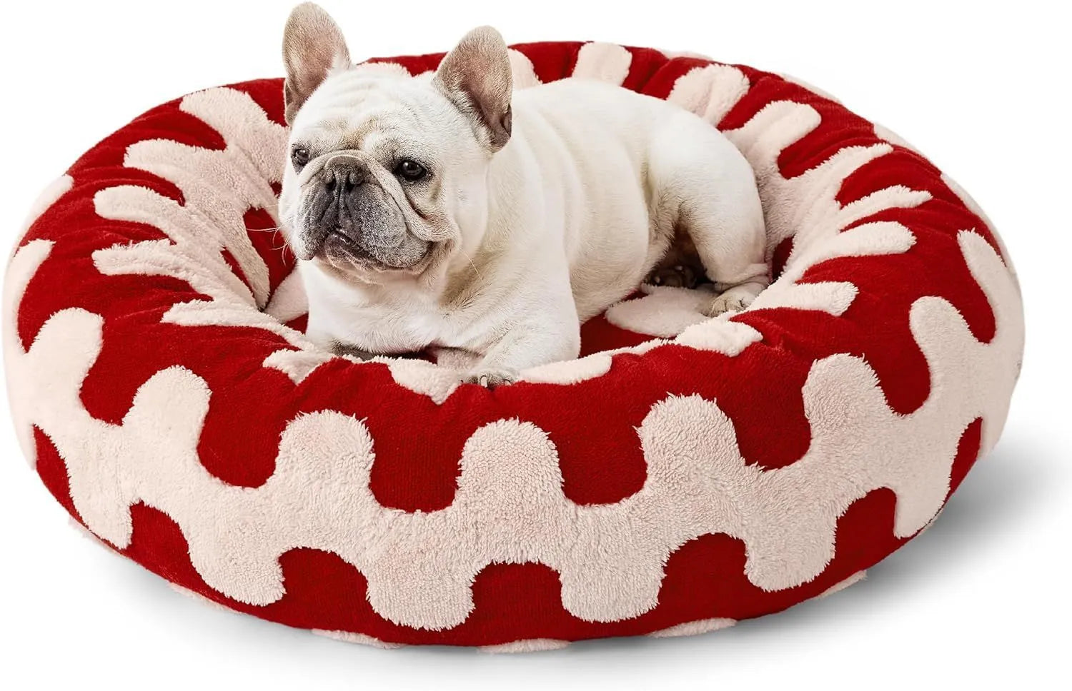 Round plaid-patterned dog bed on a floor, shown in a blue and white colour variant.