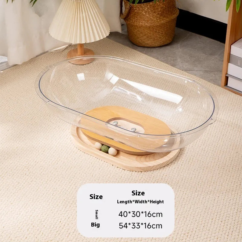 Transparent acrylic cat space capsule bed with enclosed design.