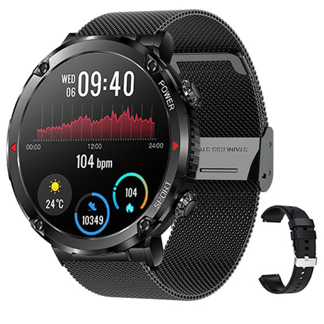 T30 smartwatch on wrist showing display, with Bluetooth calling and health monitoring features.