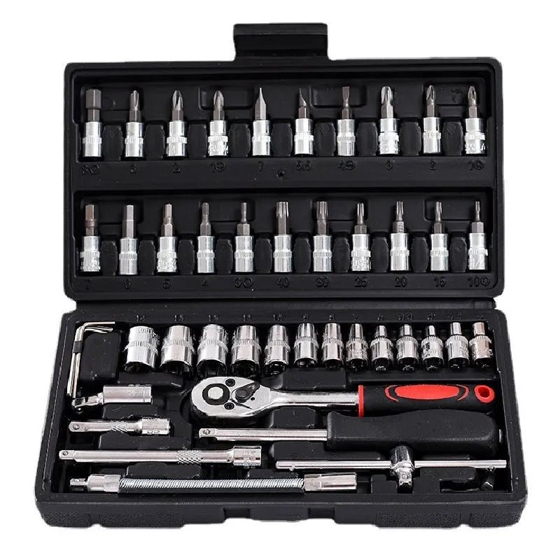 Chromium vanadium steel socket ratchet wrench set with multiple sockets in a case.