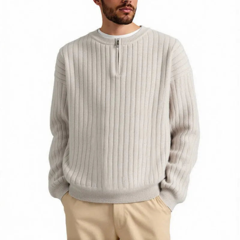 Gray men's loose half-zip textured knit sweater on a hanger.