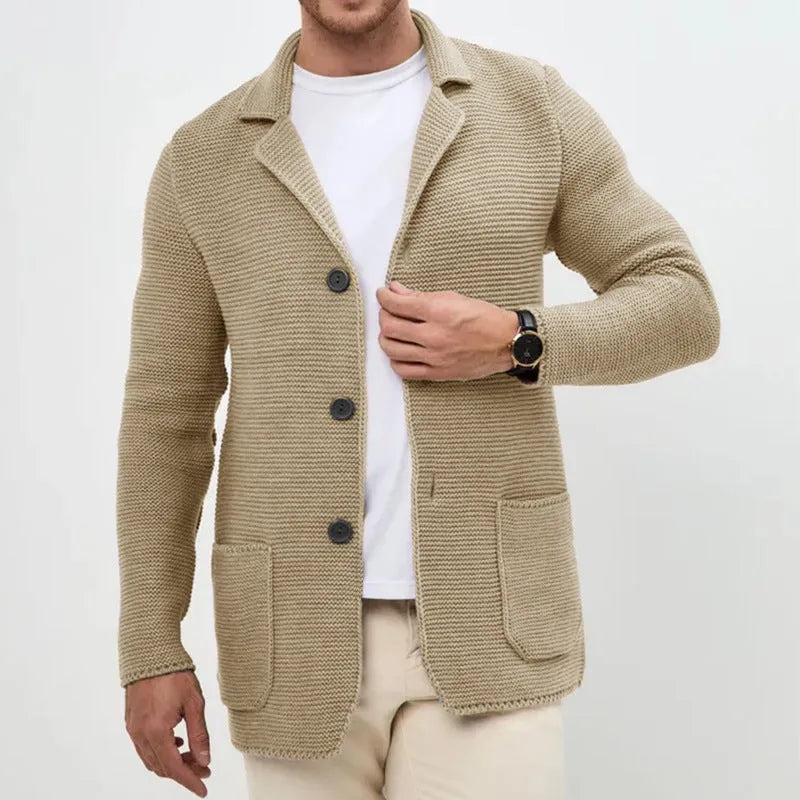 Men's knitted cardigan sweater jacket with lapel collar in black, slim fit long sleeve acrylic yarn winter wear
