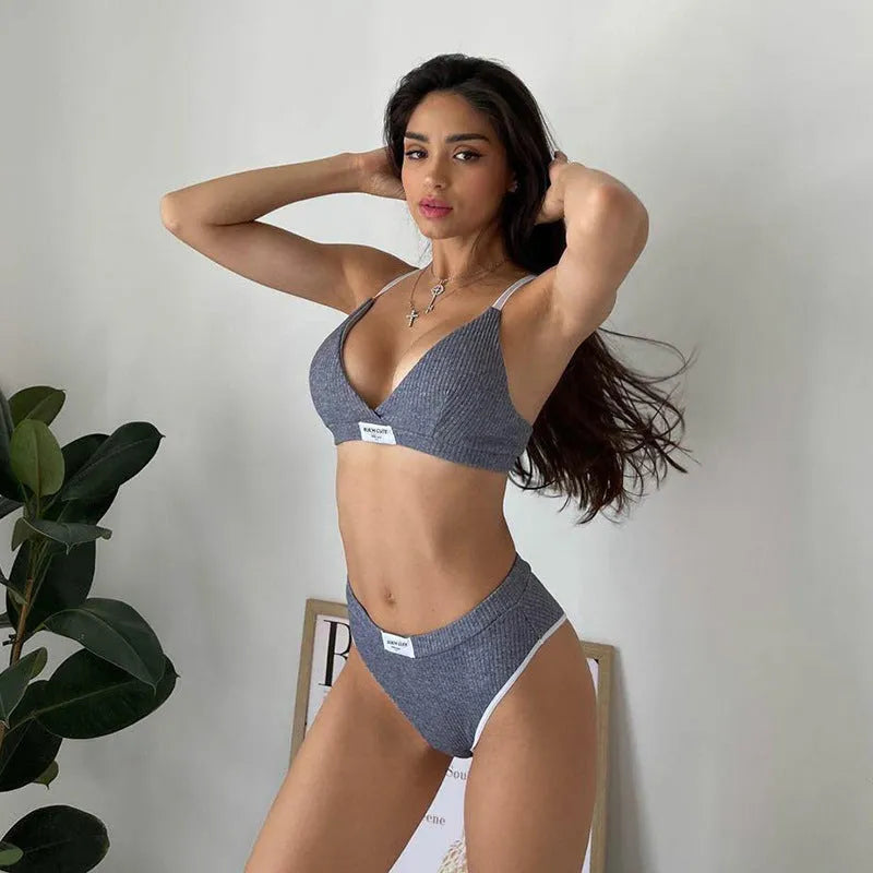 Women's grey bikini set with contrast binding and embroidery detailing, sleeveless with shorts