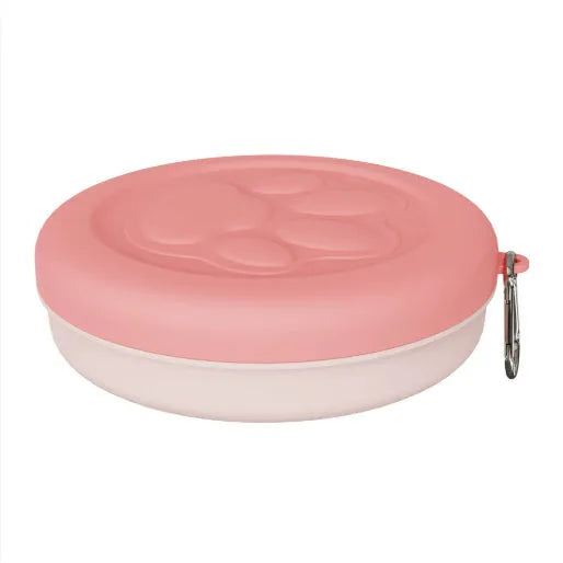 Collapsible silicone dog bowl shown in open and folded positions for portable pet feeding