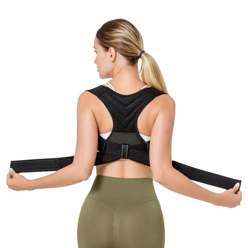 Black adjustable anti-humpback posture correction belt shown on model