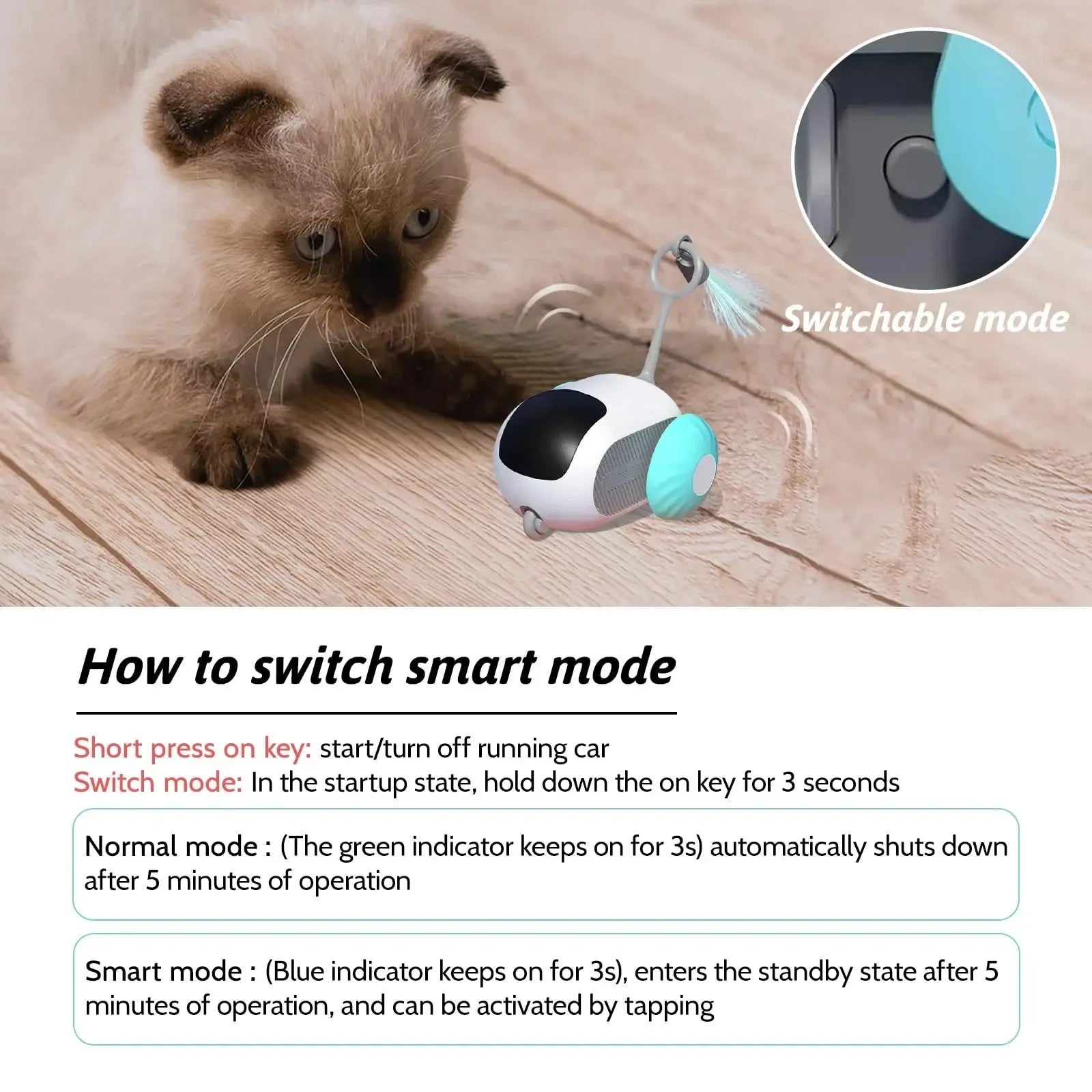 Blue or orange smart electronic cat toy car with feather teaser and remote control on floor.