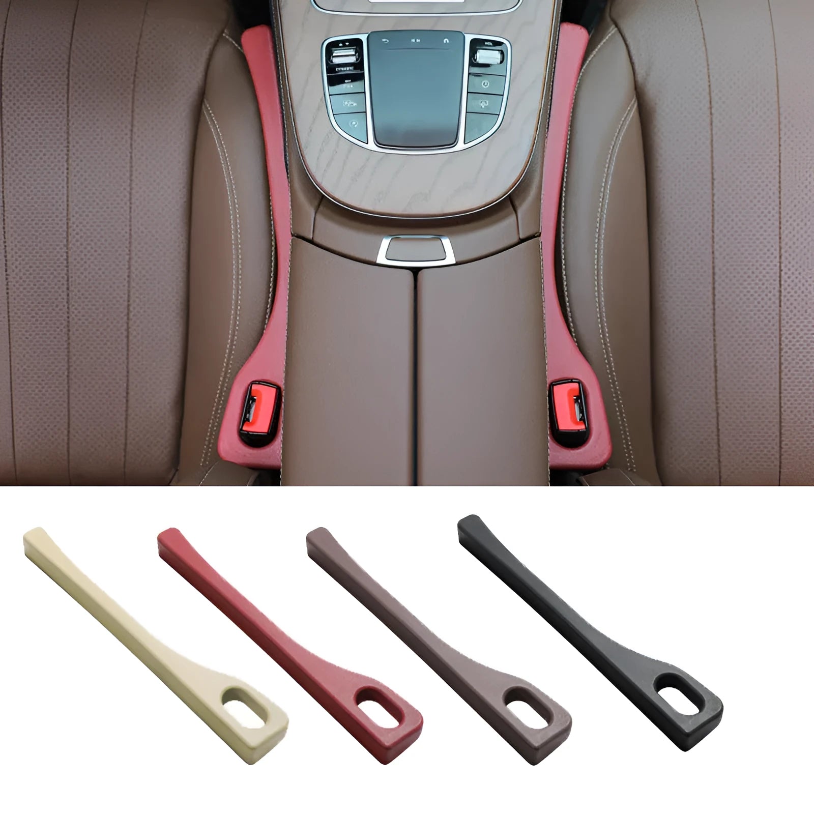 A pair of flexible polyurethane car seat gap strips in a choice of black, brown, red, or beige colours.