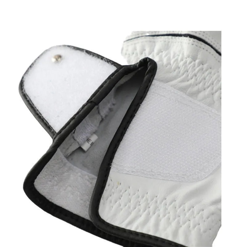 White half sheepskin golf glove showing palm non-slip texture and finger construction