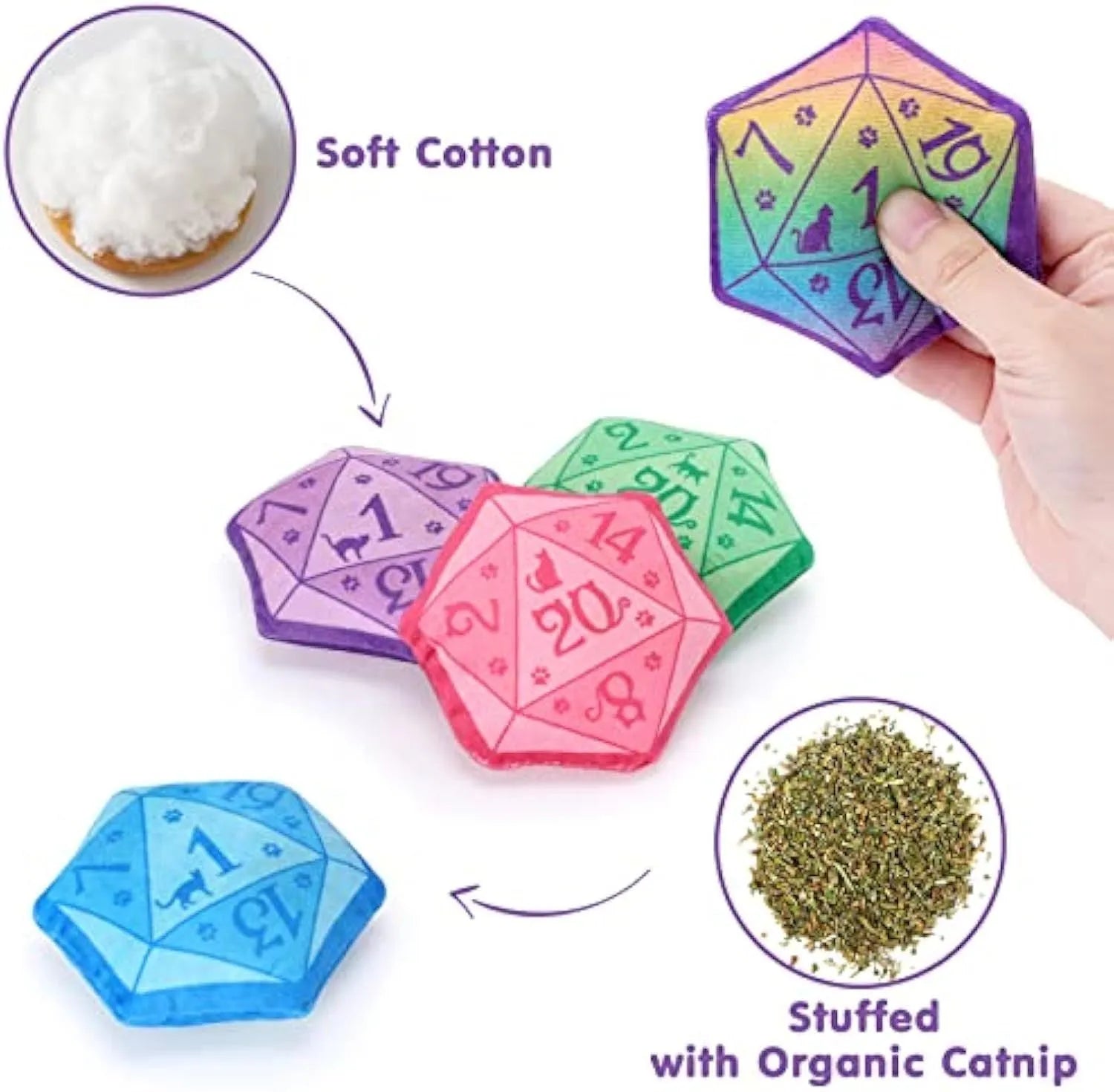 Blue dice-shaped plush cat toy with organic catnip filling for role playing games