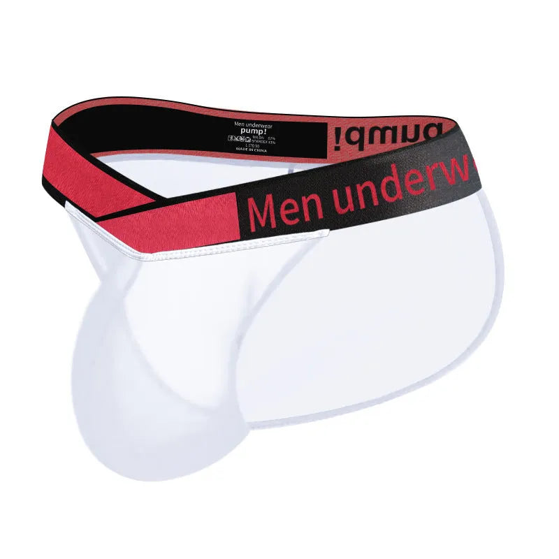 Men's solid colour nylon briefs with a low waist and large V gradient high-cut design.