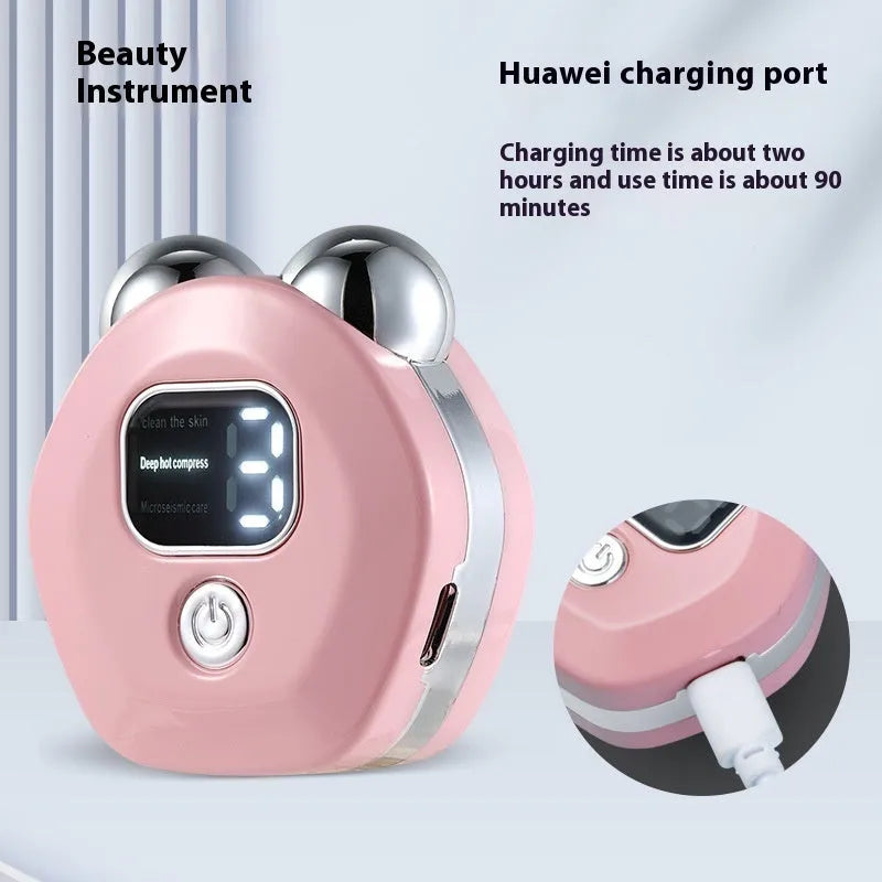 Portable white microcurrent facial massager with dual roller heads and hot compress function.