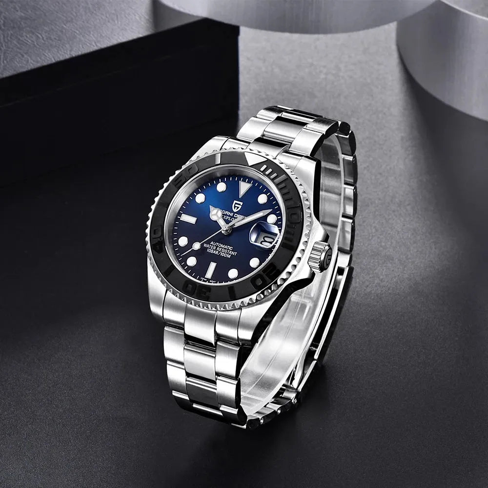 Men's automatic mechanical watch with 40mm stainless steel dial, luminous hands, and steel bracelet