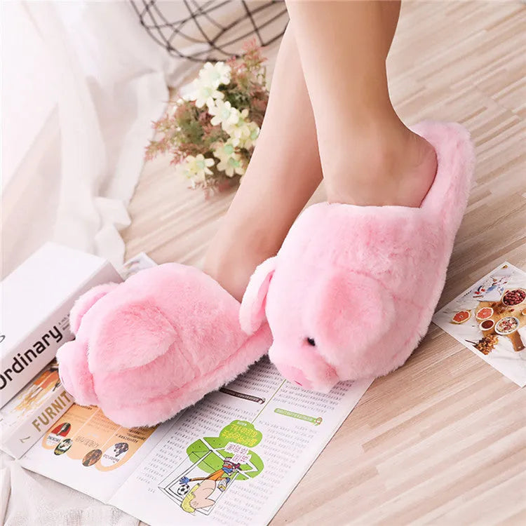 Pink pig plush floor slippers with PP cotton filling in women's sizes