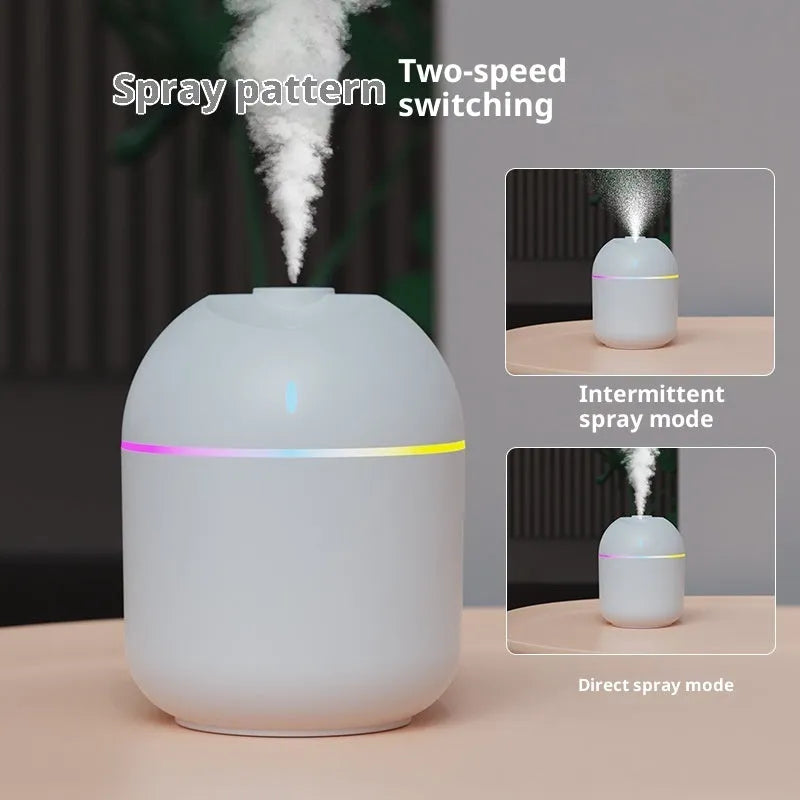 USB desktop humidifier with large spray, mute operation, and colour light in green plastic body