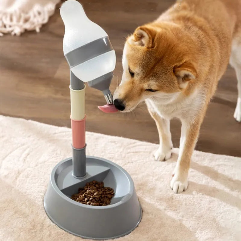 Green adjustable height pet water dispenser with separate bowl and stable base on kitchen floor