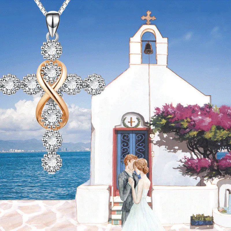 Women's faith cross 8 diamond pendant necklace in photo colour, alloy box chain, adjustable 21-50 cm