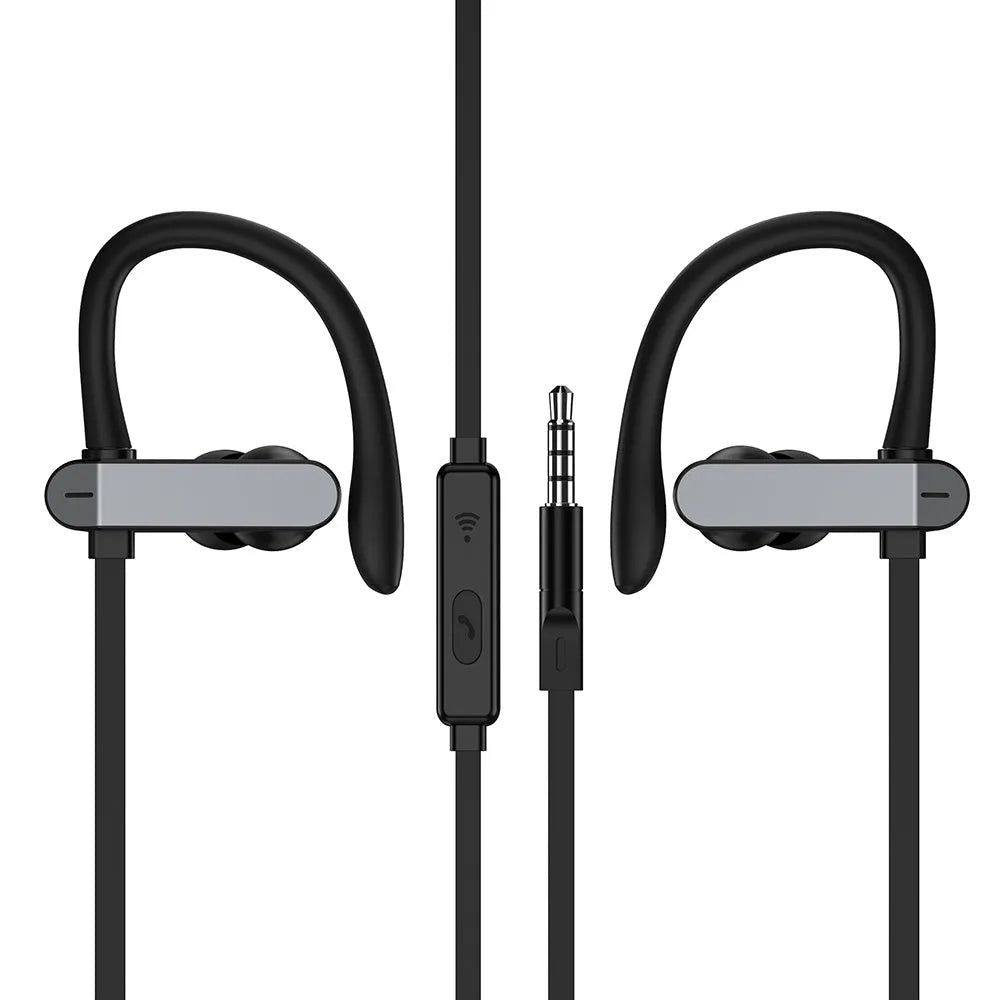PTM TS27 compatible sport running earphones with black ear hook and silicone earbuds, showing microphone on cable