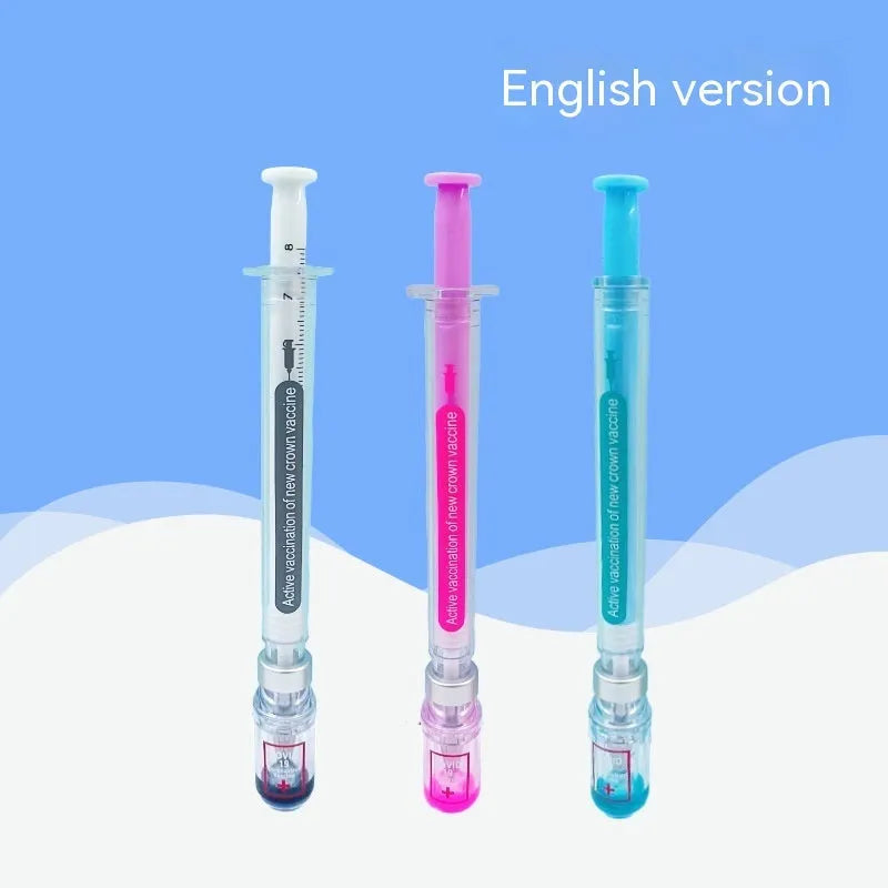 Vaccine pen design gel pen with black refill showing retractable click mechanism and 0.5mm needle tube point