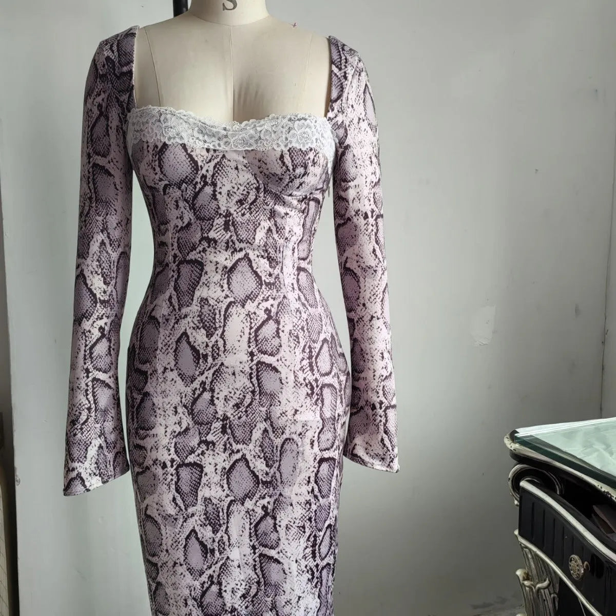 Grey digital printed lace dress with 3D pattern, long sleeves and A-line skirt