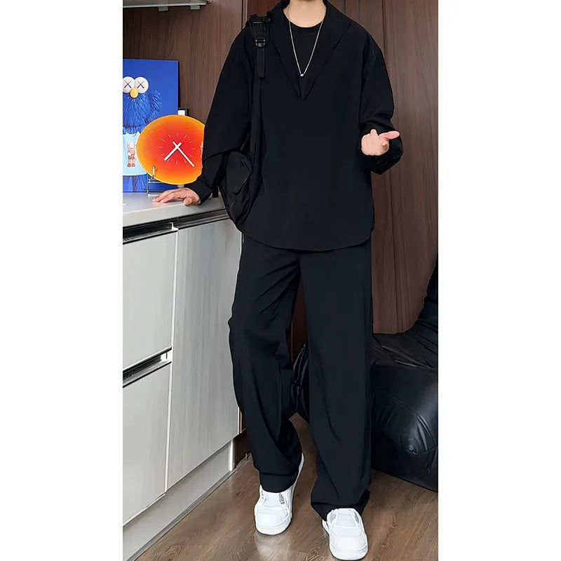 Men's black long sleeve polo shirt and trousers two-piece casual suit on hanger