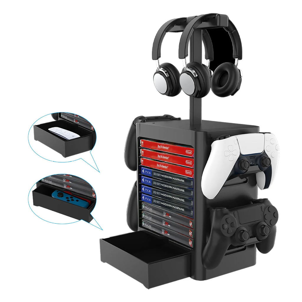 Black gaming controller storage rack with headphone platform, side hooks and bottom drawer
