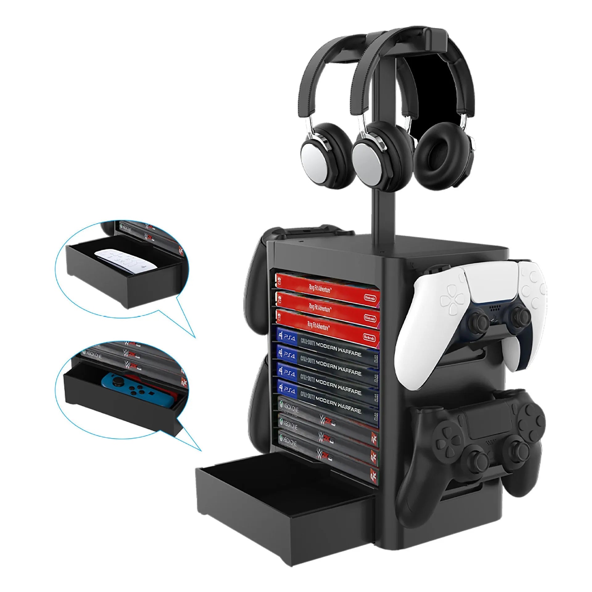 Black gaming controller storage rack with headphone platform, side hooks and bottom drawer