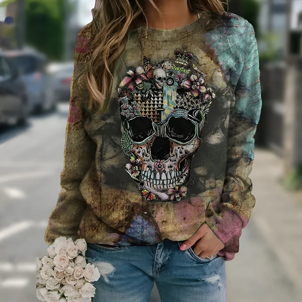 Black long sleeve sweatshirt with a printed skull design on the front.