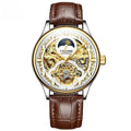 Men's gold and white leather strap automatic mechanical watch with 16mm thick case