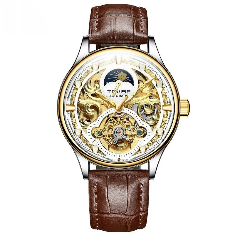 Men's gold and white leather strap automatic mechanical watch with 16mm thick case