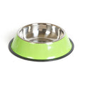 Stainless steel pet bowl with colourful melamine outer pot and non-slip rubber base