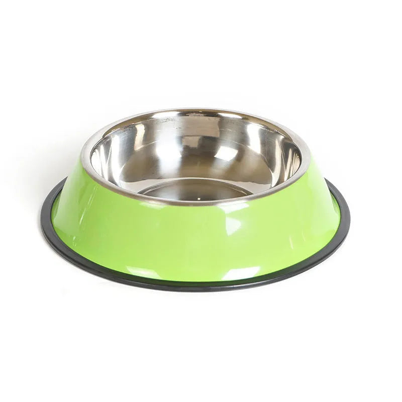 Stainless steel pet bowl with colourful melamine outer pot and non-slip rubber base