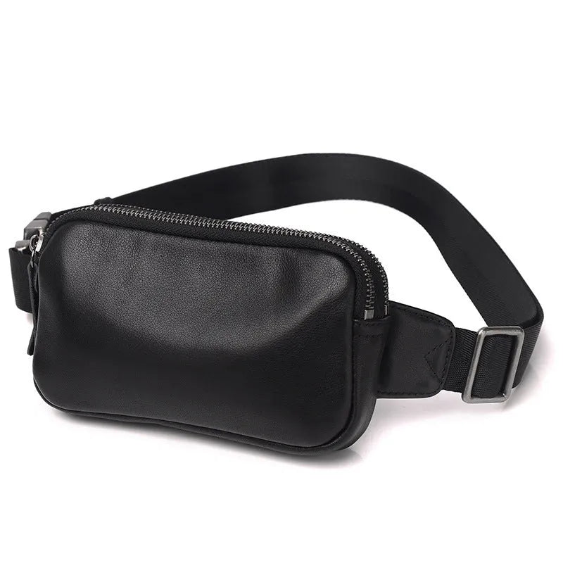 Men's small cowhide leather crossbody bag in black, brown, and light brown solid colours, 17cm x 3.5cm x 11cm