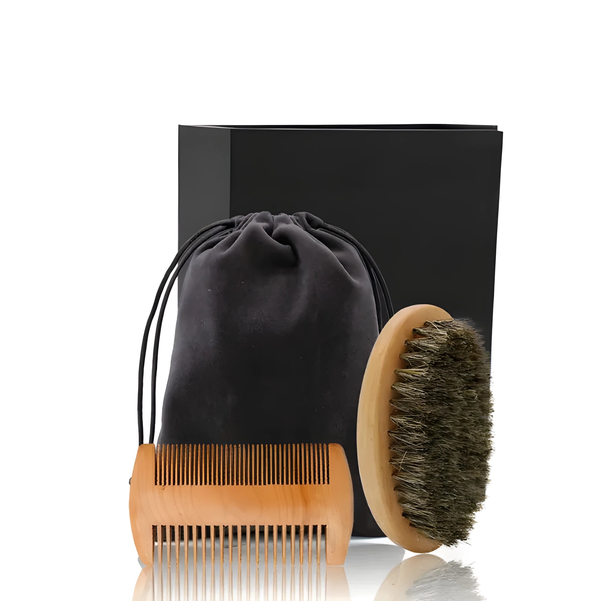 Men's beard care set with double-sided wooden comb and oval brush on light background