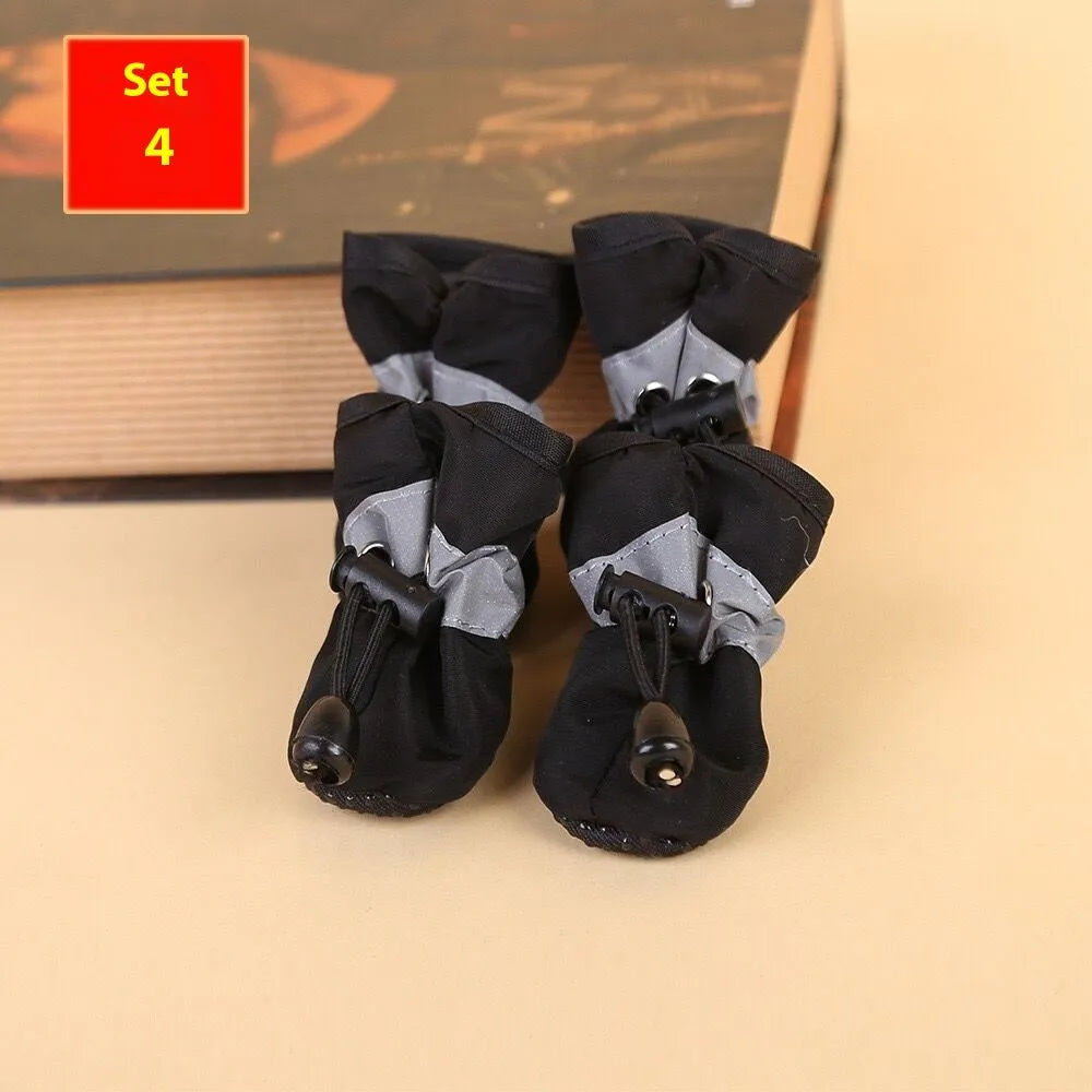 Set of four dog shoes in cloth material with soft soles, shown in multiple colour options including fleece-lined variants