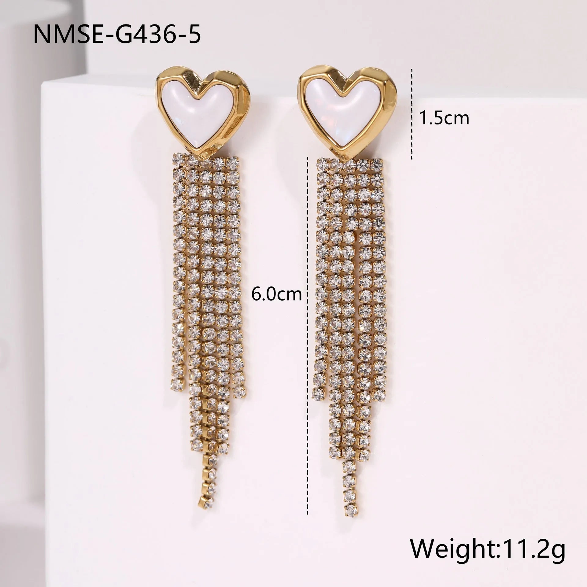 Stainless steel earrings with diamond tassel, heart and star shapes, 18K electroplated finish