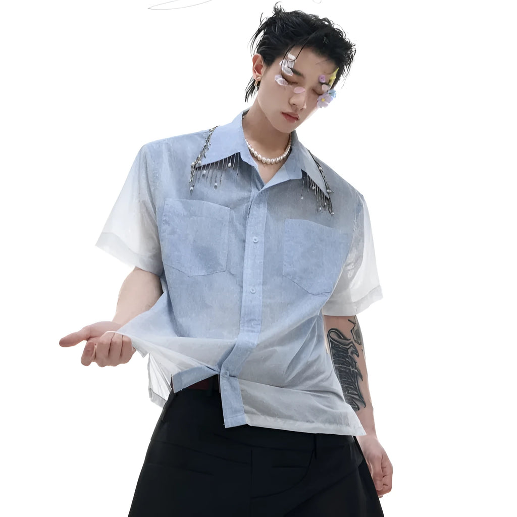 Man wearing a blue and white gradient loose fit short sleeve polyester summer shirt