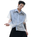 Man wearing a blue and white gradient loose fit short sleeve polyester summer shirt