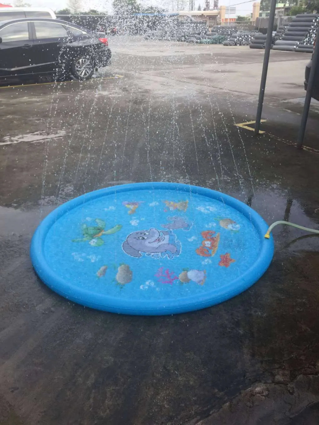 Blue PVC children's water spray play mat with marine animal print, shown on grass.