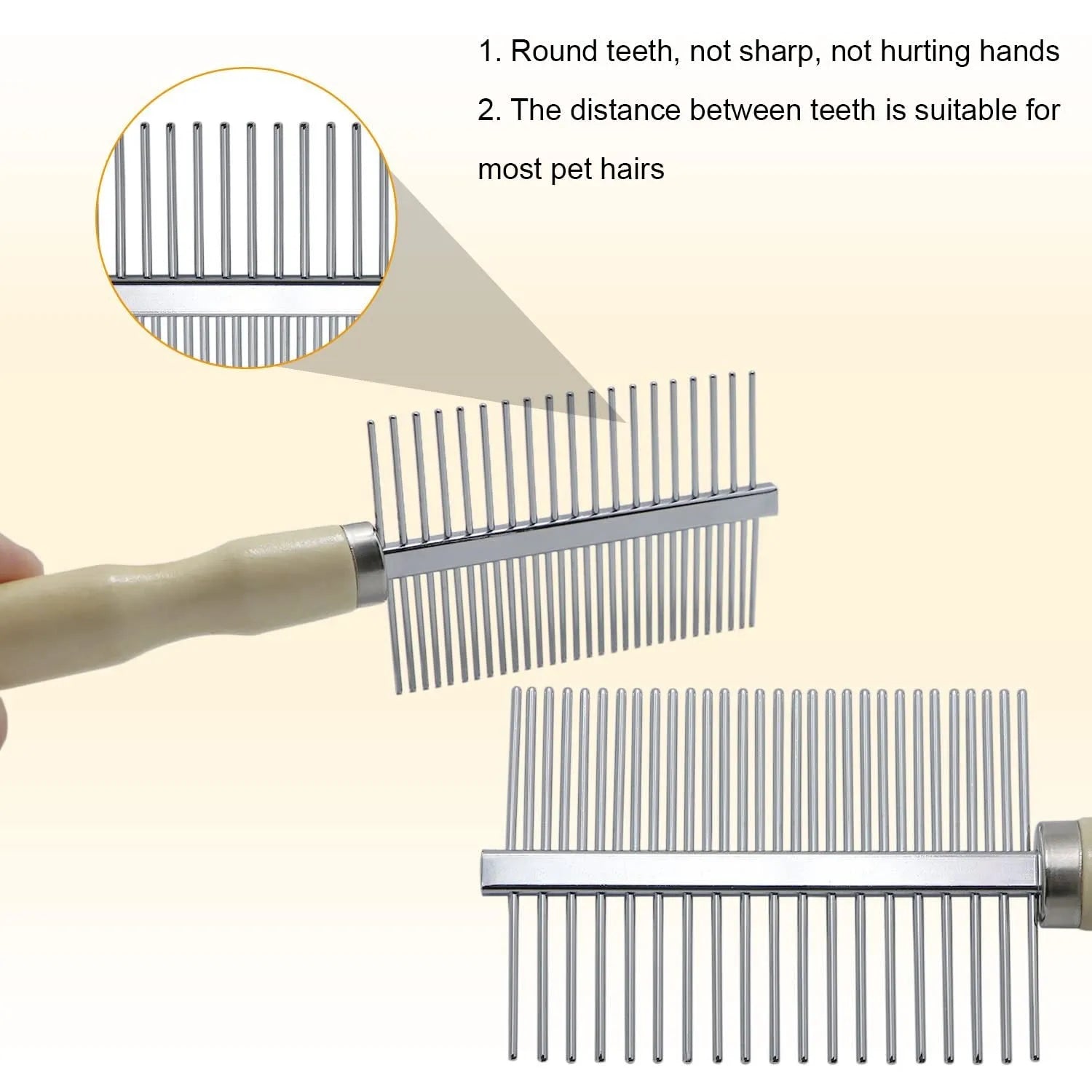 Wooden handled pet grooming comb with round-tipped teeth, shown next to a dog.