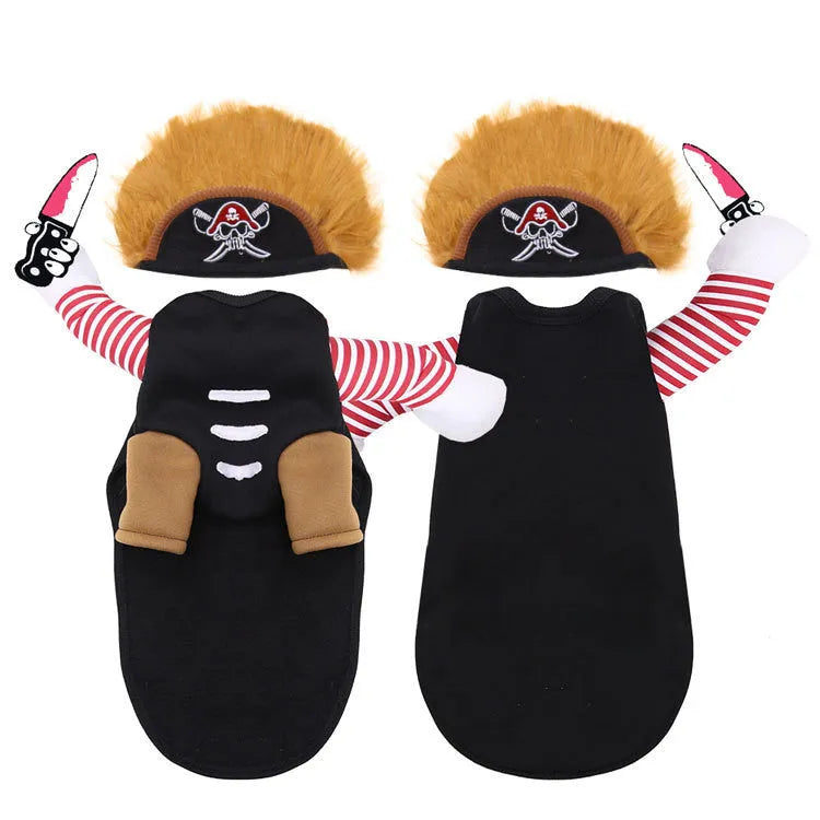 Pirate pet costume for dog or cat made from polyester, includes hat, available in multiple sizes